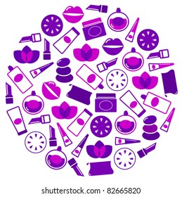 Cosmetics icons in circle isolated on white - purple Cosmetic design elements and icons isolated on white. Vector