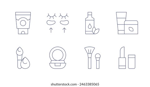 Cosmetics icons. Editable stroke. Containing sunscreen, sponge, powder, concealer, arganoil, lipstick, cosmetics, brush.