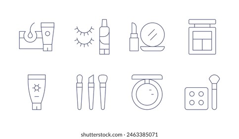 Cosmetics icons. Editable stroke. Containing sunscreen, skintreatment, eyeshadow, makeup, foundation, eyelash, brushes.