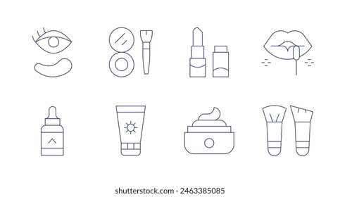 Cosmetics icons. Editable stroke. Containing serum, eyepatch, suncream, blusher, facecream, lipstick, lipgloss, brushes.