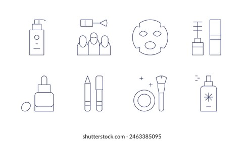 Cosmetics icons. Editable stroke. Containing oliveoil, recoverycream, eyemascara, body, blush, facemask, manicure, eyebrowpencil.