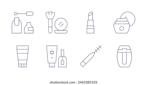 Cosmetics icons. Editable stroke. Containing ointment, nailpolish, cream, lotion, mascara, lipstick, cosmetics.