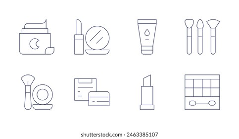 Cosmetics icons. Editable stroke. Containing nightcream, makeup, lotion, lipstick, bodylotion, eyeshadow.