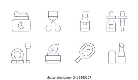 Cosmetics icons. Editable stroke. Containing nightcream, makeup, lipstick, serum, mirror, lotion, eyelashcurler, naturalproduct.