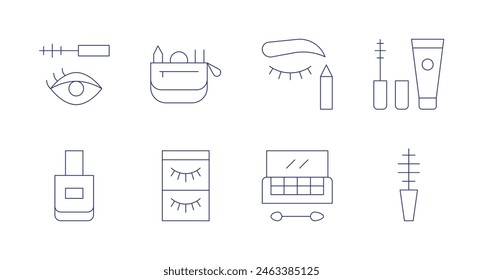 Cosmetics icons. Editable stroke. Containing mascara, nailpolish, eyemascara, eyeshadow, eyepencil, fakeeyelashes, cosmeticbag.