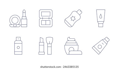 Cosmetics icons. Editable stroke. Containing makeup, blush, cream, sunscreen, hairspray, showergel.