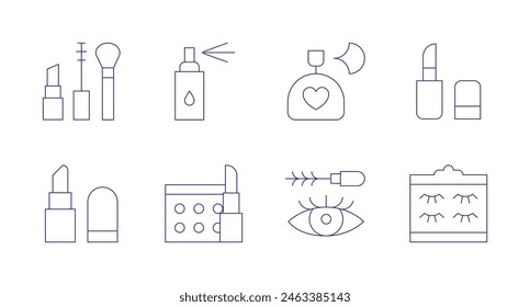 Cosmetics icons. Editable stroke. Containing lipstick, makeup, eyelashes, perfume, eyemascara, spray.