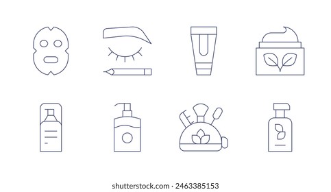 Cosmetics icons. Editable stroke. Containing foam, makeup, mask, lotion, bbcream, eyebrow, cream.