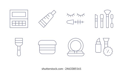 Cosmetics icons. Editable stroke. Containing eyeshadow, eyelashcurler, moisturizer, lotion, powder, mascara, makeupkit, cosmetics.