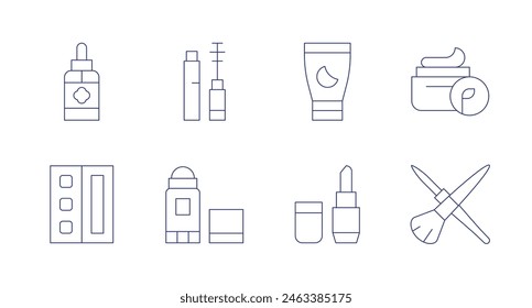Iconos de cosméticos. Trazo editable. Contiene aceites esenciales, sombras de ojos, desodorante, pestañas, rímel, lápiz labial, crema de noche, cepillos, cosméticos.