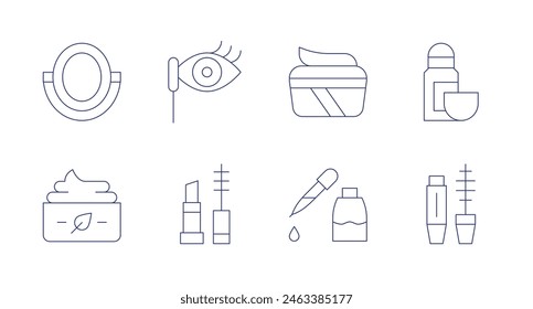 Cosmetics icons. Editable stroke. Containing deodorant, mascara, serum, cream, makeup, mirror, eco.