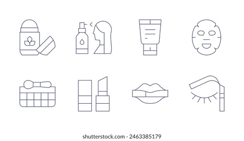 Cosmetics icons. Editable stroke. Containing deodorant, eyeshadow, lipstick, spray, lotion, eyebrows, facialmask.