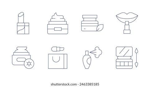 Cosmetics icons. Editable stroke. Containing daycream, lipstick, eyeshadow, moisturizer, lipbalm, perfume, shoppingbag, cream.