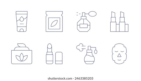 Cosmetics icons. Editable stroke. Containing cream, aloevera, lipstick, sheetmask, parfume, perfume, sample.