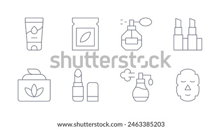Cosmetics icons. Editable stroke. Containing cream, aloevera, lipstick, sheetmask, parfume, perfume, sample.