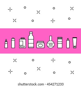 Cosmetics icons line art silhouette set isolated on pink white background / vector eps 10