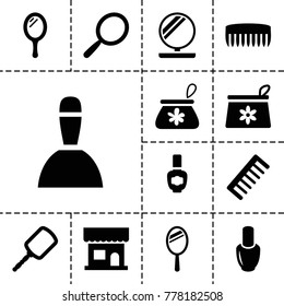 Cosmetics icons. set of 13 editable filled cosmetics icons such as mirror, nail polish, beauty salon, make up bag, comb, spa bag