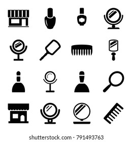 Cosmetics icons. set of 16 editable filled cosmetics icons such as nail polish, mirror, beauty salon, spa bag, comb