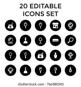 Cosmetics icons. set of 20 editable filled cosmetics icons such as mirror, nail polish, beauty salon, spa bag, make up bag, powder