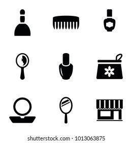 Cosmetics icons. set of 9 editable filled cosmetics icons such as nail polish, spa bag, powder, make up bag, mirror, beauty salon