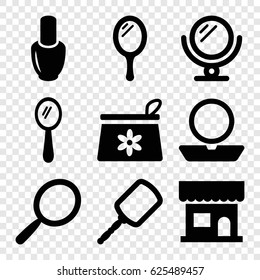 Cosmetics icons set. set of 9 cosmetics filled icons such as mirror, nail polish, beauty salon, powder