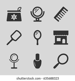 Cosmetics icons set. set of 9 cosmetics filled icons such as mirror, nail polish, beauty salon, make up bag