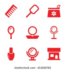Cosmetics icons set. set of 9 cosmetics filled icons such as mirror, nail polish, beauty salon, powder, make up bag