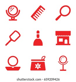 Cosmetics icons set. set of 9 cosmetics filled icons such as mirror, beauty salon, spa bag, powder, make up bag