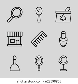 Cosmetics icons set. set of 9 cosmetics outline icons such as mirror, nail polish, beauty salon, spa bag, make up bag