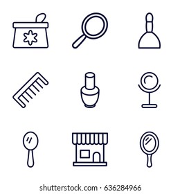Cosmetics icons set. set of 9 cosmetics outline icons such as mirror, nail polish, beauty salon, spa bag, make up bag