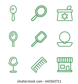 Cosmetics icons set. set of 9 cosmetics outline icons such as mirror, beauty salon, powder, make up bag