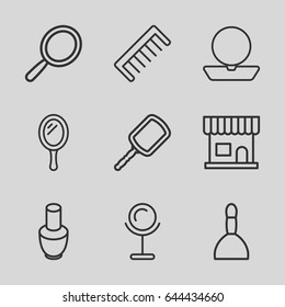 Cosmetics icons set. set of 9 cosmetics outline icons such as mirror, nail polish, beauty salon, spa bag, powder