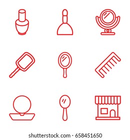 Cosmetics icons set. set of 9 cosmetics outline icons such as mirror, nail polish, beauty salon, spa bag, powder