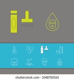 Cosmetics icons set with collagen serum, oil skin and water elements. Set of cosmetics icons and makeup concept. Editable vector elements for logo app UI design.