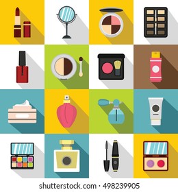 Cosmetics icons set. Flat illustration of 16 cosmetics vector icons for web
