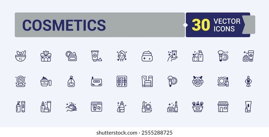 Cosmetics icons set in line style. Contains related to natural, fragrance, mineral, care, tested, product, no and more. Set of line pictogram. Editable vector stroke.