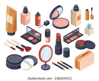 Cosmetics icons set with lipstick and powder isometric isolated vector illustration