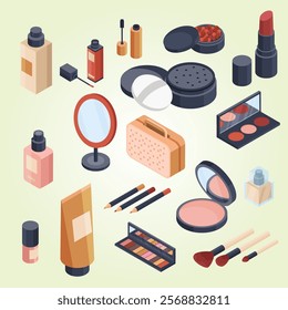 Cosmetics icons set with lipstick and powder isometric isolated vector illustration