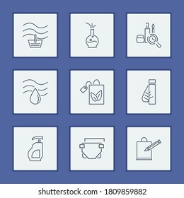 Cosmetics icons set with lotion tube, beauty product and package elements. Set of cosmetics icons and commercial concept. Editable vector elements for logo app UI design.