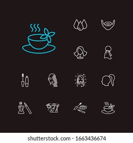 Cosmetics icons set. Mascara and cosmetics icons with beard, herbal tea and eye makeup. Set of mustache for web app logo UI design.