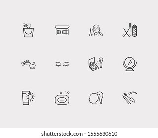 Cosmetics icons set. Perfume and cosmetics icons with ponytail hair, barbershop and eye shadow palette. Set of model for web app logo UI design.