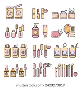 Kosmetiksymbole setzen Pixel art.Make-up Illustrations-Zeichensammlung.Verschiedene verschiedene Haut- und Körperpflegeprodukte und einfache Anweisungen. Verpackung in verschiedenen Formen für Hautpflegeprodukte. Vektorgrafik 