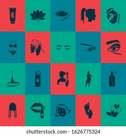Cosmetics icons set with spray, eye makeup, face art and other drug elements. Isolated vector illustration cosmetics icons.