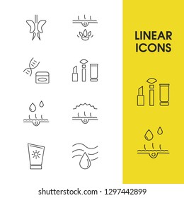 Iconos de cosmética establecidos con bloques de sol de verano, piel de aceite y elementos de maquillaje cosmético. Conjunto de iconos cosméticos y concepto de belleza. Elementos vectoriales editables para el diseño de la interfaz de usuario de la aplicación del logotipo.