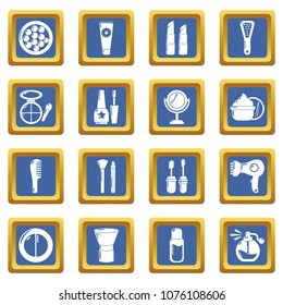 Cosmetics icons set vector blue square isolated on white background 