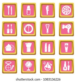 Cosmetics icons set vector pink square isolated on white background 