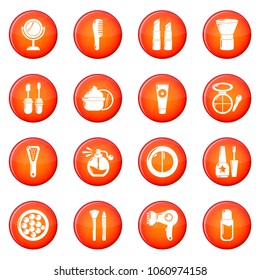 Cosmetics icons set vector red circle isolated on white background 