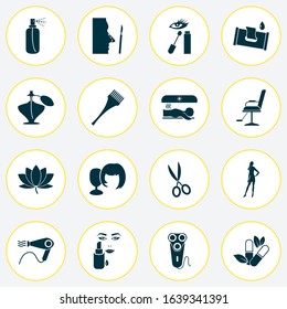 Cosmetics icons set with wig, barber chair, lotus flower and other floral elements. Isolated vector illustration cosmetics icons.