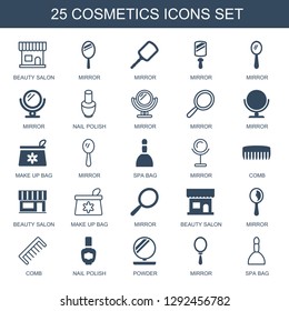 cosmetics icons. Trendy 25 cosmetics icons. Contain icons such as beauty salon, mirror, nail polish, make up bag, spa bag, comb, powder. cosmetics icon for web and mobile.