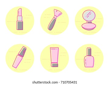 Cosmetics icons. Vector flat line beauty icons. Set of lipstick, makeup brush, powder makeup, mascara, cream, nail polish thin line object. Makeup tools modern vector illustration.